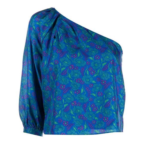 Veronica Beard Lyric Floral Print One-Shoulder Silk Blouse Blue 2 NEW - Picture 8 of 8